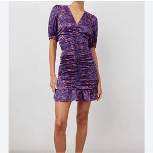 Rails Scarlette Ruched V-Neck Floral Mini Dress in Blue BNWT Sz S